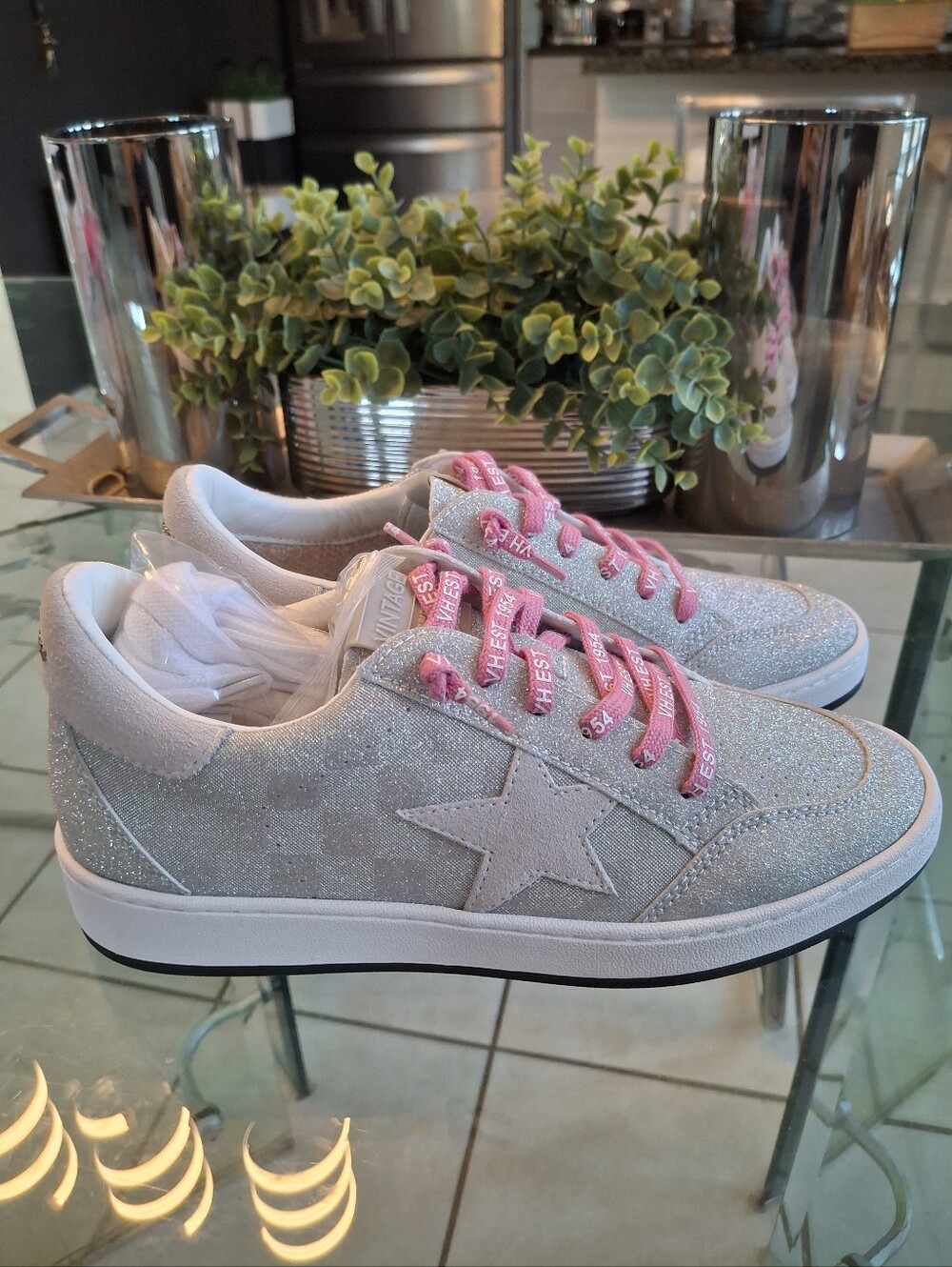 Vintage Silver Glitter Sneakers with Pink Laces